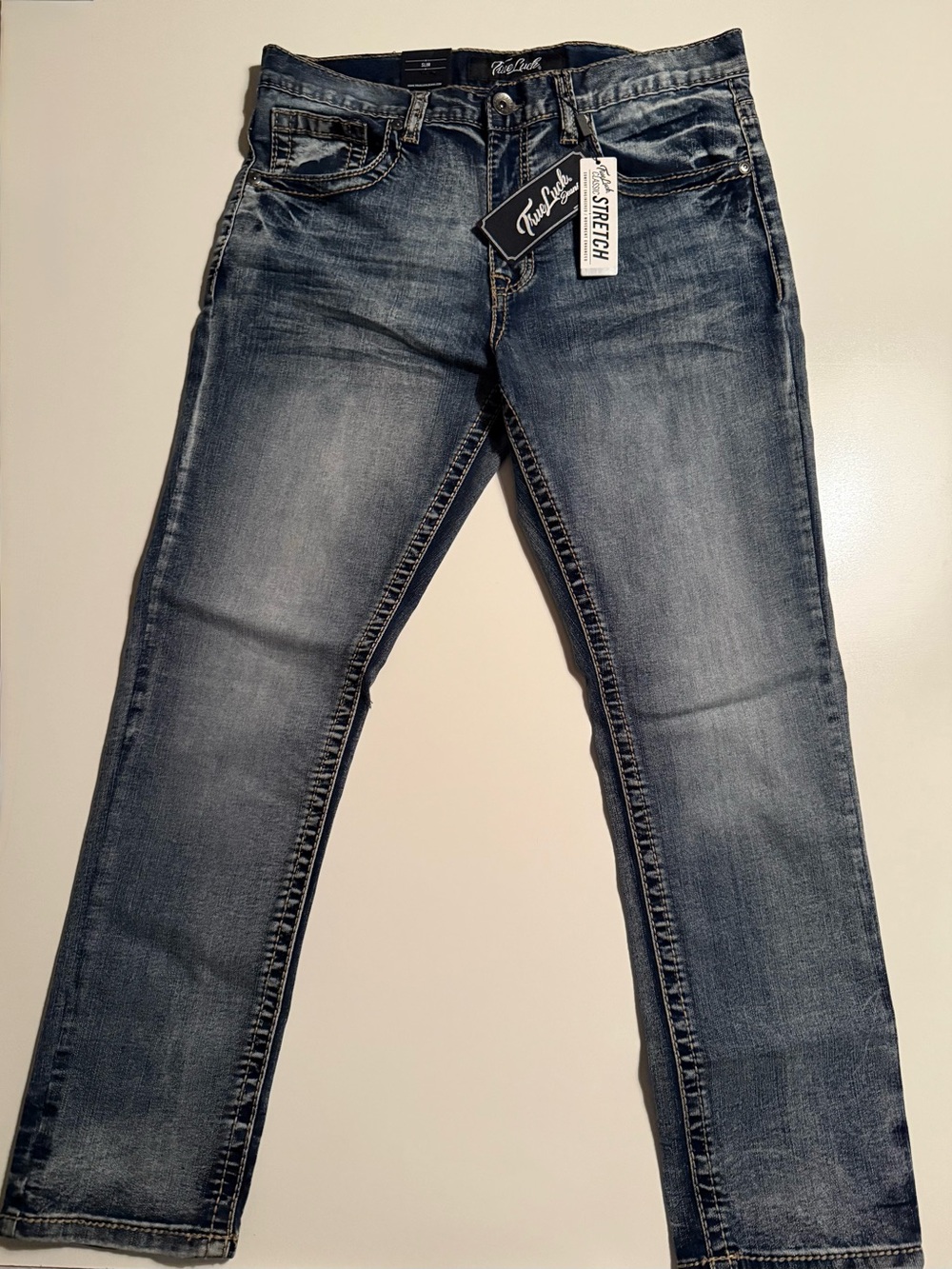 True Luck Men’s Slim Fit Classic Stretch Jeans Medium Wash 34x30 NWT 0089